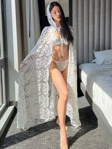 DAZY Damski romantyczny koronkowy szlafrok z kapturem - Biały - Zobacz 7