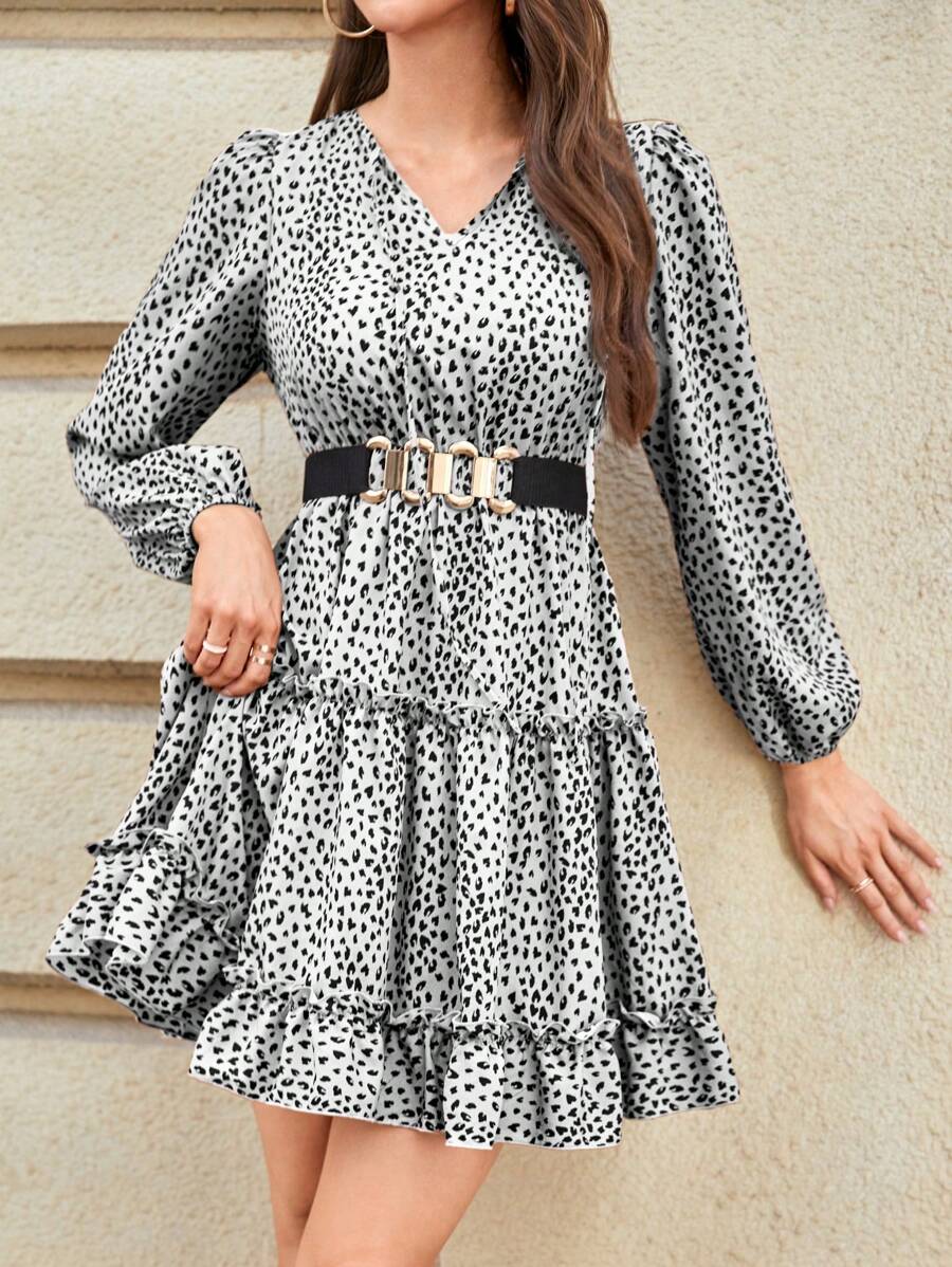 SHEIN Essnce 女士 V 领全印花荷叶边下摆长袖连衣裙 - 白色 - 查看 1