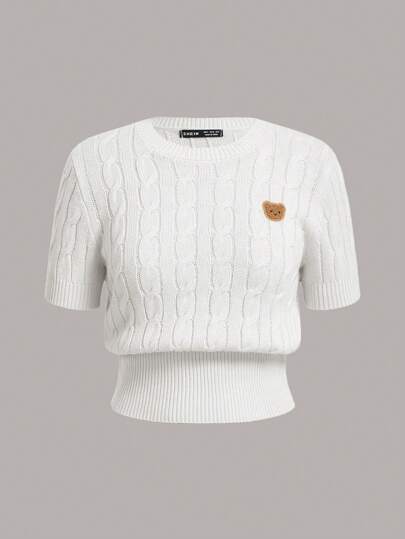 SHEIN EZwear Cartoon Patched Detail Cable Knit Round Neck Short Sleeve Summer Top