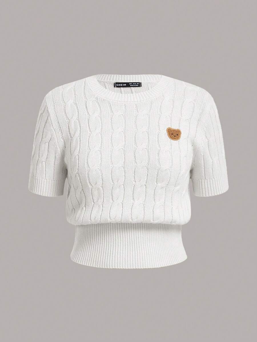 SHEIN EZwear 卡通补丁细节麻花针织圆领短袖夏季上衣 - 白色 - 查看 1