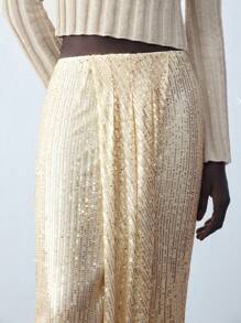 Maija Women's Khaki Sequin Solid Color Pleated Skirt For Party - Gold - View 5