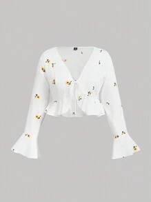 SHEIN MOD Plus Size Velvet Embroidered Vintage Romantic Flared Sleeve Shirt - Beige - View 1