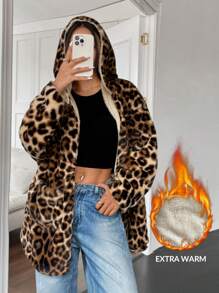 Muchica Reversible Leopard Print Fluffy Hooded Regular Jacket For Women - Multicolor - View 6