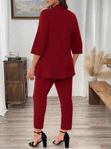 SHEIN LUNE Plus Size Solid Color High Low Blazer Jacket And Trousers Suit In Fall/Winter - Burgundy - View 2