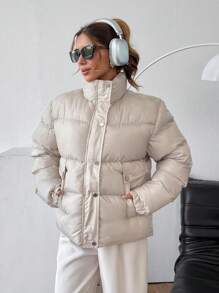 EURMUSE FLAPPED PLEATED DETAILED POCKET PUFFER SNAPPED WINTERCOAT - Cream - View 6