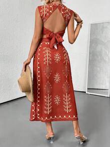 Breezaya 休闲复古印花系带露背短款上衣和裹身裙两件套 - 鏽棕色 - 查看 2