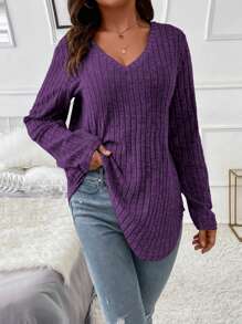 Plus Size Plain V-Neck Ribbed Long Sleeve T-Shirt Fall Cloth For Women - Purple - View 5