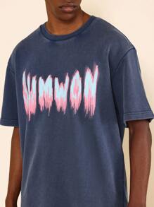 SUMWON Regular Fit Short Sleeve Washed Tee With Graffiti Graphic Print - Royal Blue - View 3