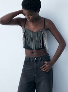 Maija Women's Black Spaghetti Strap Tassel Accent Tank Top, Autumn