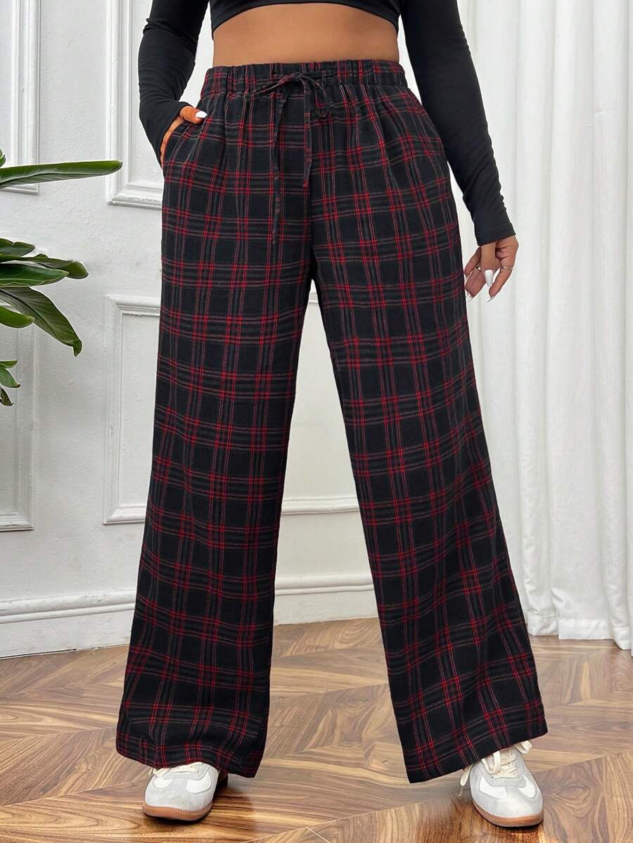 SHEIN EZwear Plus Size Plaid Drawstring Waist Straight-Leg Casual Pants - Red - View 1