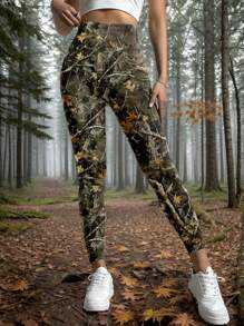 SHEIN EZwear 休闲简约秋季裸枝印花针织女式紧身裤，适合秋冬季