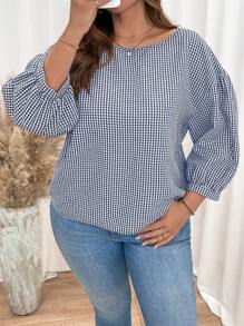 SHEIN Essnce 大码女装时尚返校服秋装女衬衫秋装教师服女复古服长袖格子衬衫休闲通勤秋季中长袖黑白格子宽松衬衫 - 藏蓝色 - 查看 4