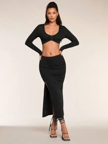 Glamine Set de mini fuste cu mânecă lungă, neagră, sexy, 2 buc