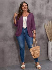 EMERY ROSE Plus Size Vacation Casual Solid Color Teacher Outfits Fall Women Clothes Jacket - Purple - View 3