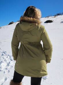 SHEIN SXY Women's Solid Color Minimalist Casual Hooded Long Sleeve Regular Jacket - Army Green - View 2