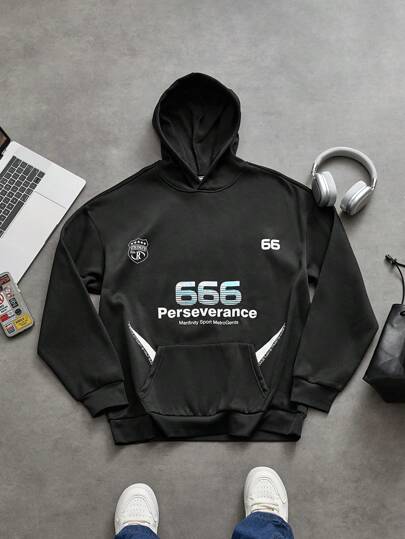 Sport MetroGents 男友风男士字母印花长袖袋鼠口袋休闲连帽衫