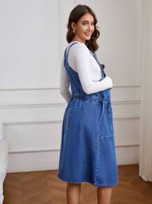 SHEIN Maternity Sleeveless Loose Casual Denim Jumper Dress With Pockets, Summer - Medium Wash - View 3
