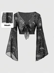 Heymoonly Ladies' Tie Front Flared Sleeve Sheer Mesh Top - Black - View 1