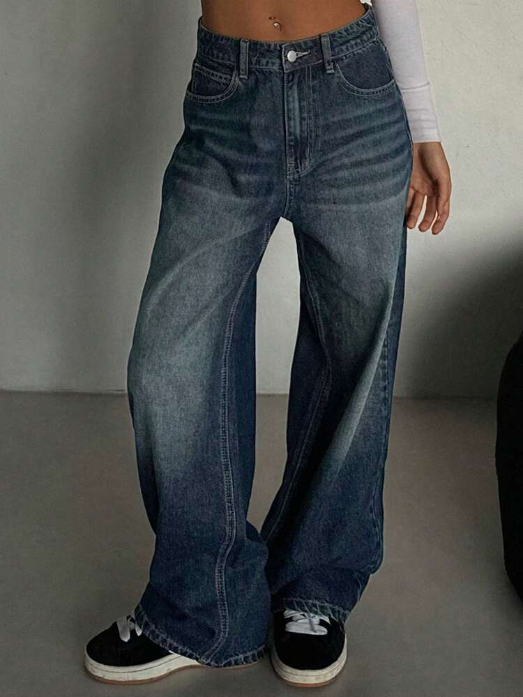 Women's Loose Fit Pocketed Wide Leg Casual Denim Baggy Jeans,Back To School Clothes