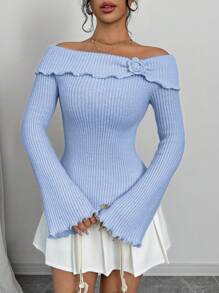 Elenzga 优雅荷叶边露肩针织修身毛衣，适合分层穿着 - 淺藍色 - 查看 1