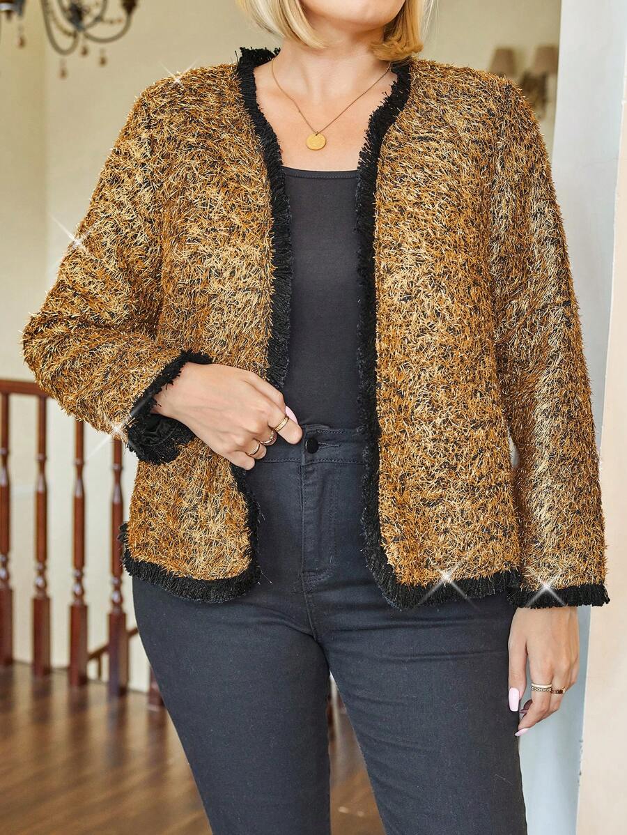Plus Size Women Fur Trim Long Sleeve Open Front Elegant Jacket, Fall/Winter - Black - View 1