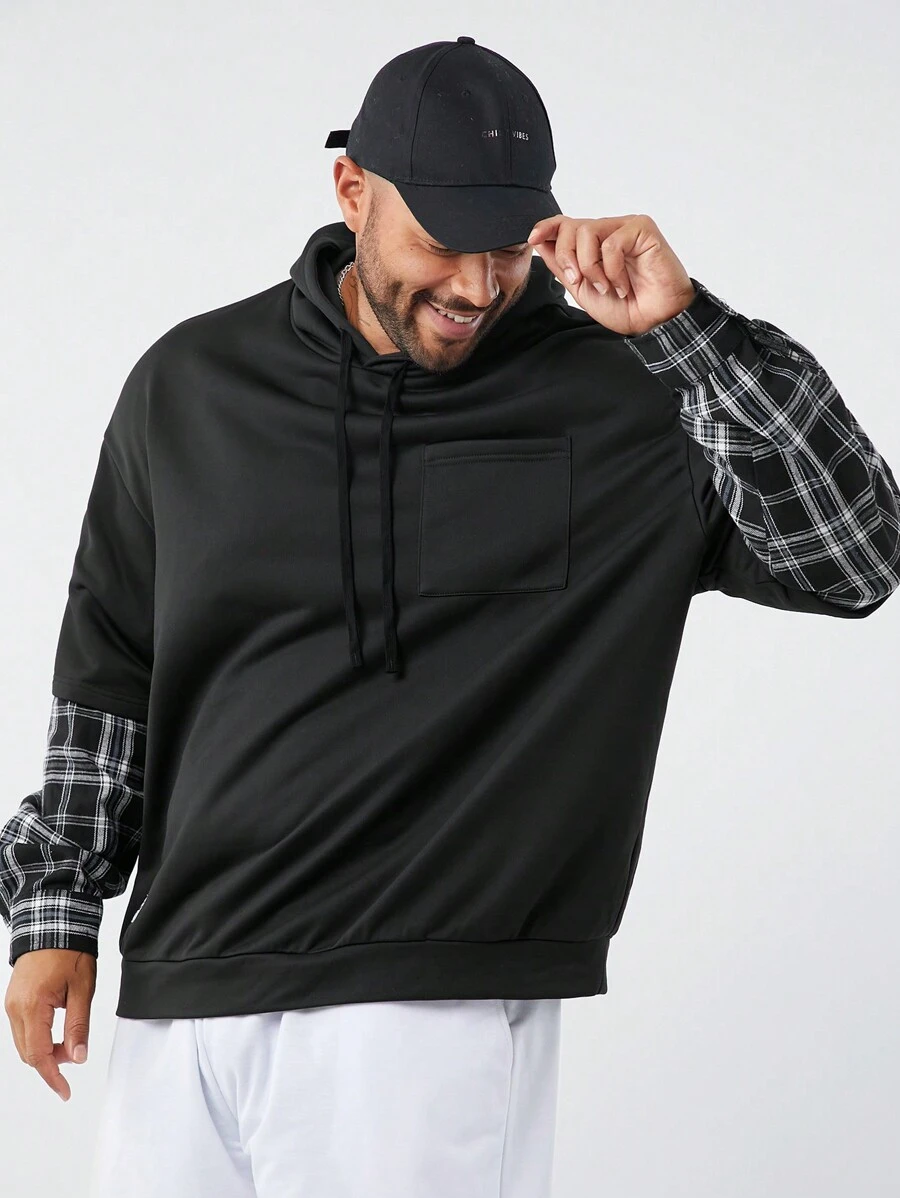 Manfinity VCAY Áo len dệt kim trùm đầu họa tiết kẻ caro đen dáng rộng cho nam cỡ lớn, dành cho mùa thu đông - màu đen - Xem 1