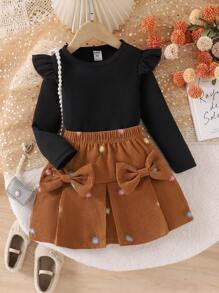 SHEIN Elladie kids 女童休闲荷叶袖罗纹上衣和刺绣半裙，可爱舒适套装 - 黑色 - 查看 1