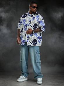 Manfinity VCAY Plus Size Men's Loose Fit Woven Skull Printed Short Sleeve Shirt - Multicolor - View 2