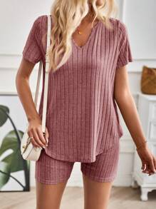 SHEIN LUNE 2 件女式纯色罗纹缺口领 T 恤和自行车短裤套装，夏季 - 粉色 - 查看 6