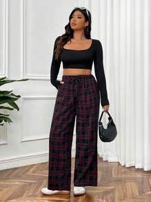 SHEIN EZwear Plus Size Plaid Drawstring Waist Straight-Leg Casual Pants - Red - View 3