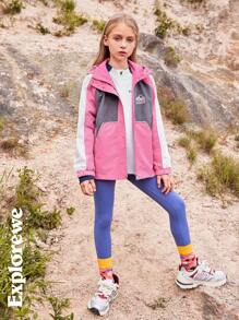 SHEIN Outdoor Casual Color Block Half Zip Stand Collar Long Sleeve Comfy T-Shirt Top For Tween Girls, Suitable For Outdoor Activities, Everyday Casual, Sports & Street Style