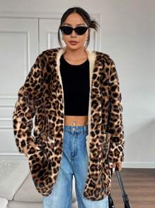 Muchica Reversible Leopard Print Fluffy Hooded Regular Jacket For Women - Multicolor - View 4