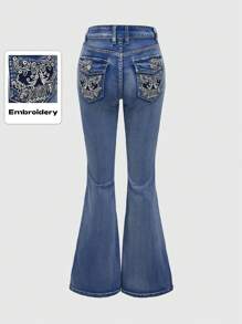ROMWE Grunge Punk Punk Style Skinny Flared Jeans With Skull Embroidery For Women - Baby Blue - View 1