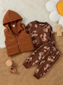 男婴/女婴 2 件套服装：棕色长袖熊印花上衣和裤子，秋冬 - 彩色 - 查看 6