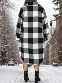 SHEIN LUNE Plus Size Teddy Plaid Print Button Front Long Sleeve Coat, Autumn/Winter Winter Clothes Thermal Hoodies - Black and White - View 2