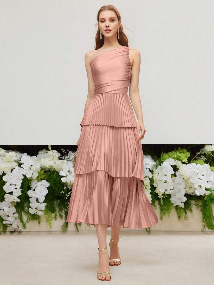 SOLID ONE SHOULDER RUCHED BODICE LAYERED PLEATED HEM LONG DRESS