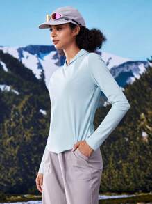 In My Nature Maglietta a maniche lunghe con collo morbido e alta elasticità da donna, adatta per campeggio, trekking, pendolarismo in città, colore blu - Blu - Visualizzare 7