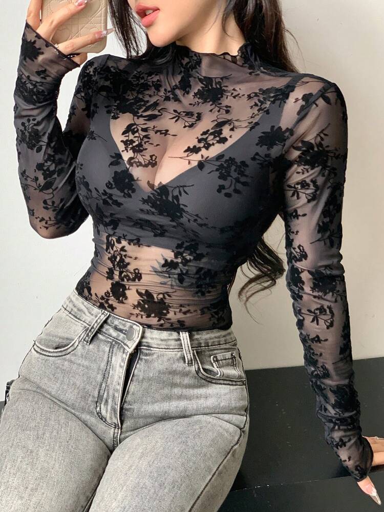 Nueva blusa transparente de encaje para mujer para otoño, blusas de mujer de manga larga transparente con cuello alto