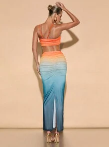 SHEIN BAE 女式渐变色细肩带短款上衣和渐变色高腰荷叶边下摆铅笔裙两件套，夏季海滩/休闲装