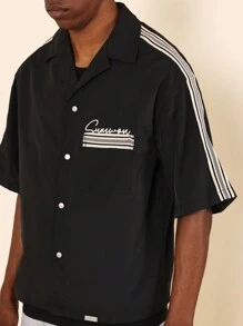 SUMWON Boxy Fit Revere Collar Nylon Shirt With Letter & Number Graphic Print - Black - View 3