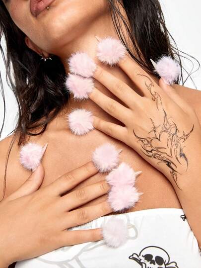 Kawaii 10 pezzi Unghie finte con pallina di pelo fatte a mano + 3 pezzi Adesivo biadesivo, Adesivi per unghie rimovibili fai-da-te, Accessori per arte di unghie riutilizzabili di alta qualità per festival, feste, ballo e uso quotidiano