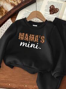 SHEIN Leap Crew 女婴休闲简约字母图案针织柔软套头卫衣套装，适合秋冬季节，加厚款 - 黑色 - 查看 3