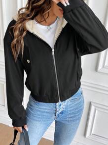 Chiquease Women's Solid Color Long Sleeve Zipper Collared Thermal Lined Hooded Casual Jacket, Autumn Winter Fall Cloth For Women - Black - View 6