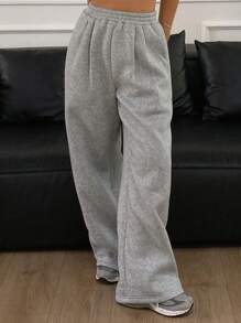 DAZY Quần ống rộng lót nhiệt màu trơn dáng rộng có cạp chun cho nữ - Xám - Xem 4