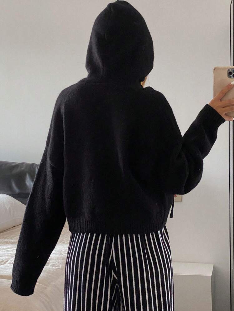 Women's Black Loose Fit Solid Color Hooded Sweater,Fall Women Clothes