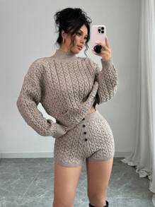 SHEIN Unity 2 件纯色立领长袖简约上衣和刺绣短裤套装 - 棕色 - 查看 1