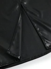 SHEIN Clasi 加大码纯色PU皮革褶皱开衩半身裙，适合冬季穿着，女士长裙 - 黑色 - 查看 5