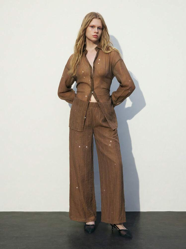 SHEIN Maija Pantalones largos casuales sólidos de color marrón con bolsillos simples para mujer