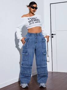 SHEIN ICON Plus Size Front Button Multiple Pockets Casual Denim Jeans, Daily Wear - Blue - View 3