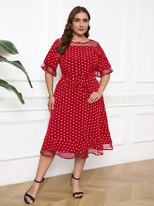 SHEIN Clasi Plus Size Women's Summer Polka Dot Print Mesh Splice Crew Neck Half Sleeve Elegant Dress - Red - View 3